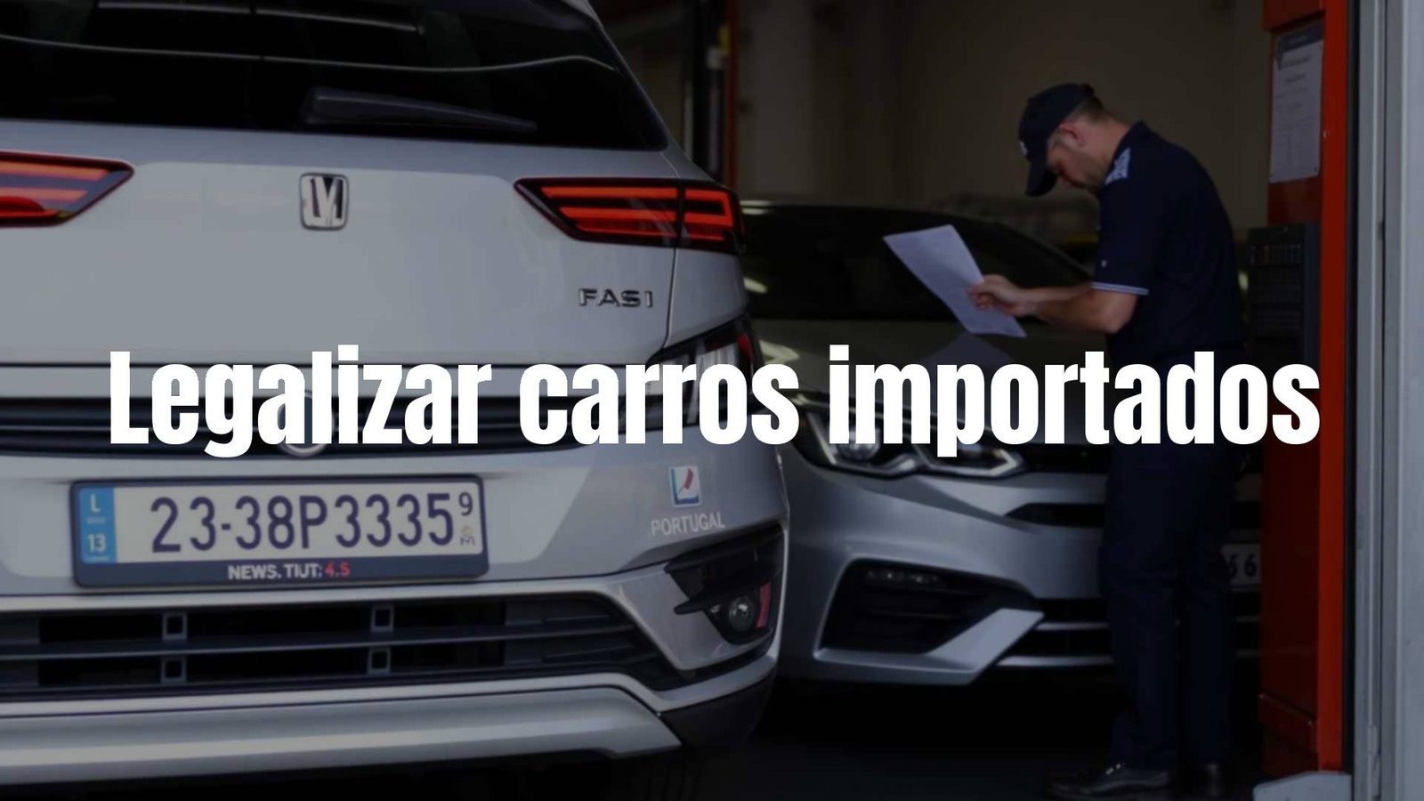 A modern imported car undergoing a technical inspection in Portugal, mechanic checking the vehicle, official documents and license plates nearby, realistic style.