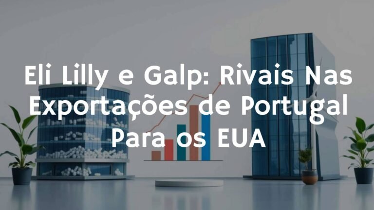 Corporate rivalry between pharmaceutical and energy companies, Eli Lilly and Galp, with a modern business vibe, featuring their logos and a graph showing export rankings to the USA, clean and professional.