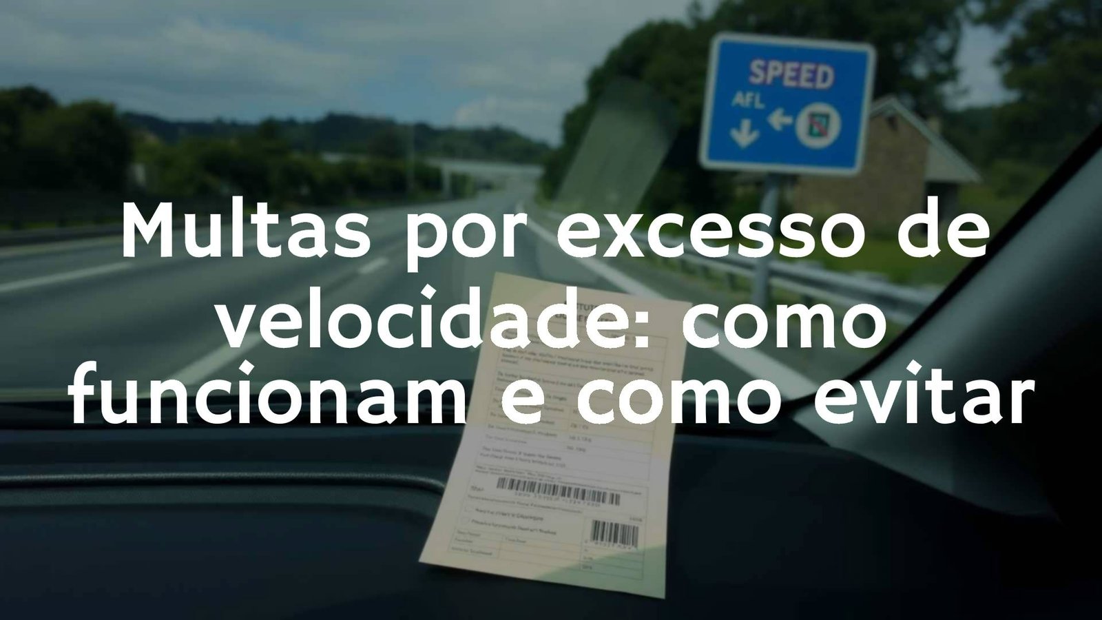 Speeding ticket on a car windshield, Portuguese highway, traffic sign with speed limit, realistic.