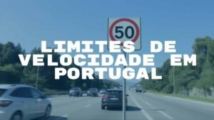 Portuguese road sign with speed limit, sunny day, clear visibility, cars driving safely, realistic.