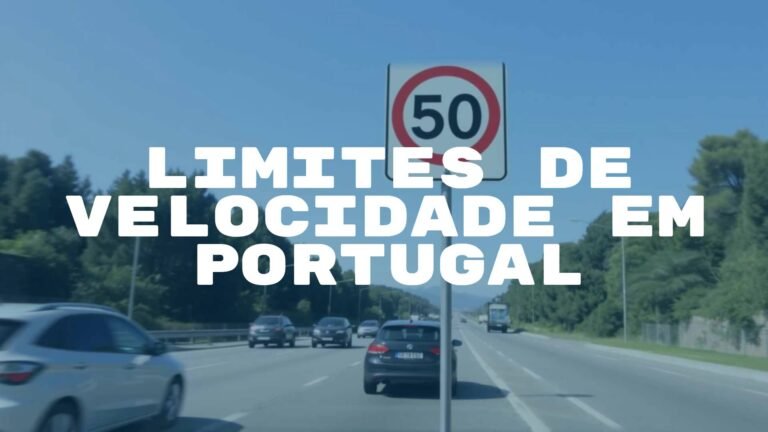 Portuguese road sign with speed limit, sunny day, clear visibility, cars driving safely, realistic.