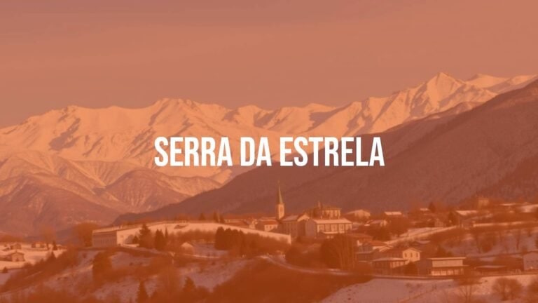 Serra da Estrela mountain range, snowy peaks, winter landscape, traditional Portuguese village in the valley, realistic.