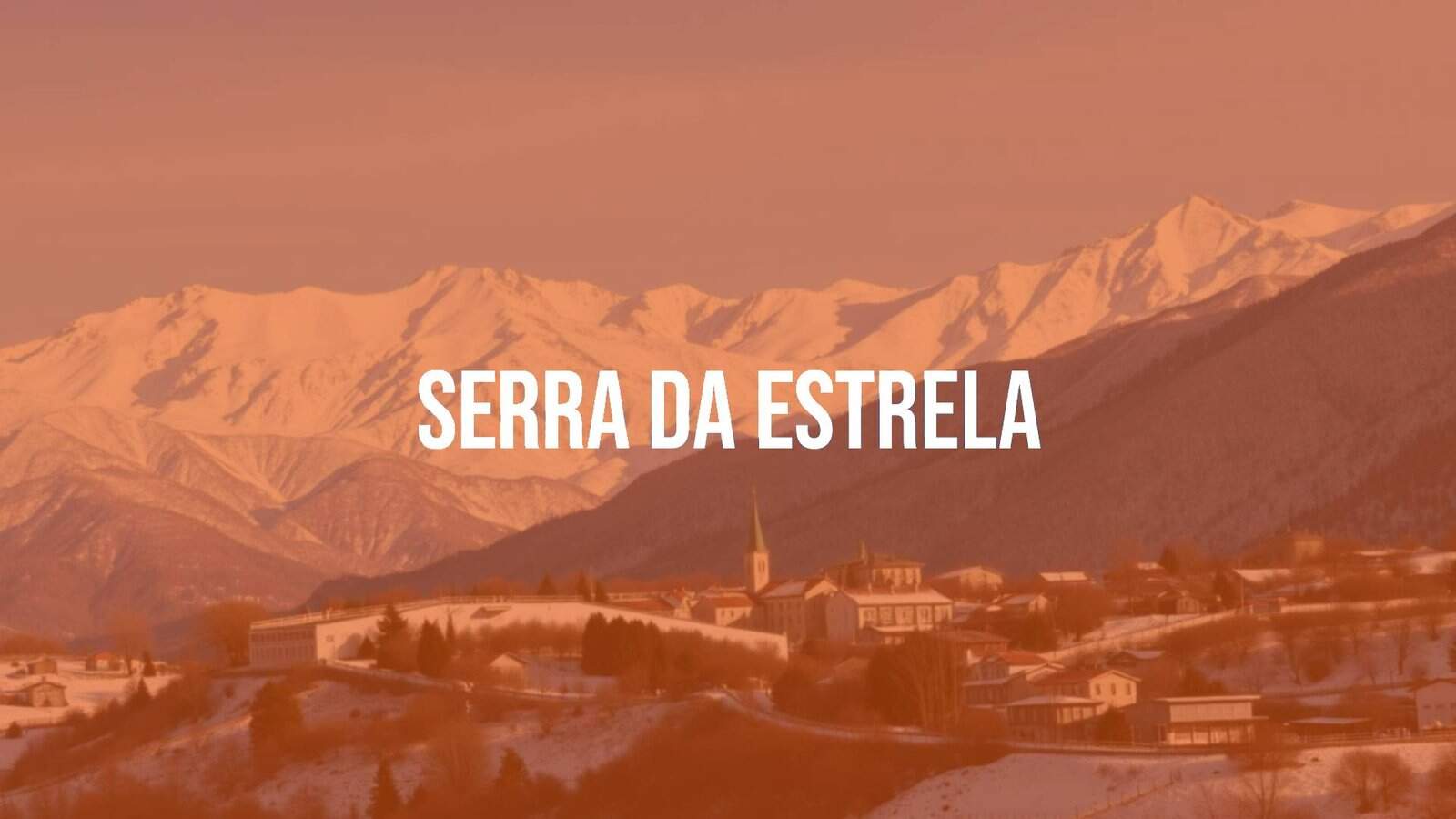 Serra da Estrela mountain range, snowy peaks, winter landscape, traditional Portuguese village in the valley, realistic.