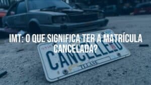 A canceled car license plate, IMT stamp on it, abandoned car in a junkyard, realistic, somber mood.