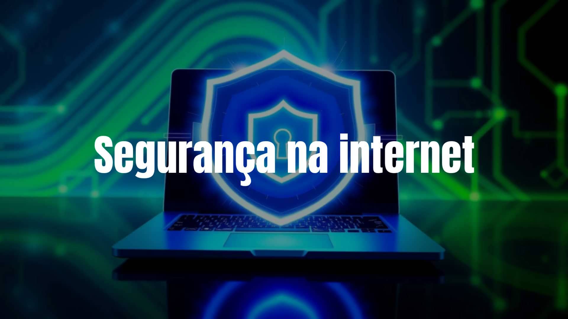 Digital security concept, shield protecting a laptop, blue and green cyber hues, modern and clean.